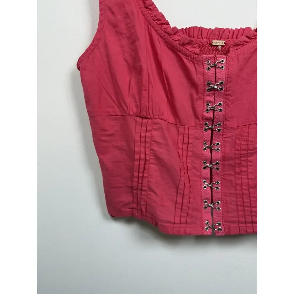 Free People Amelia Pink Corset Top Blouse Large Boho Beach Lagenlook Summer Crop